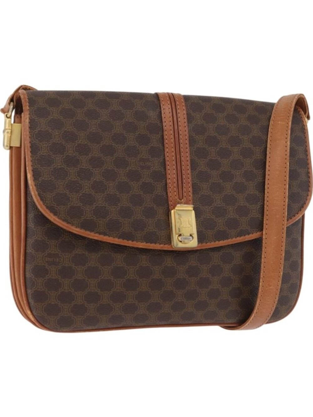 CELINE Macadam Canvas Shoulder Bag PVC Leather Brown Gold